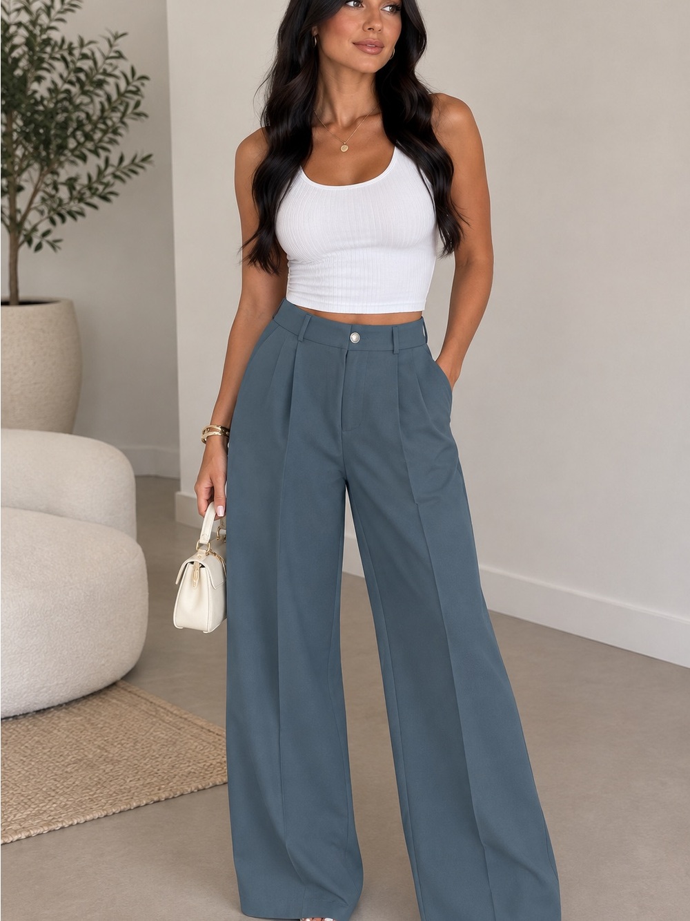 Wide-Leg High-Waist Trousers in Slate Blue
